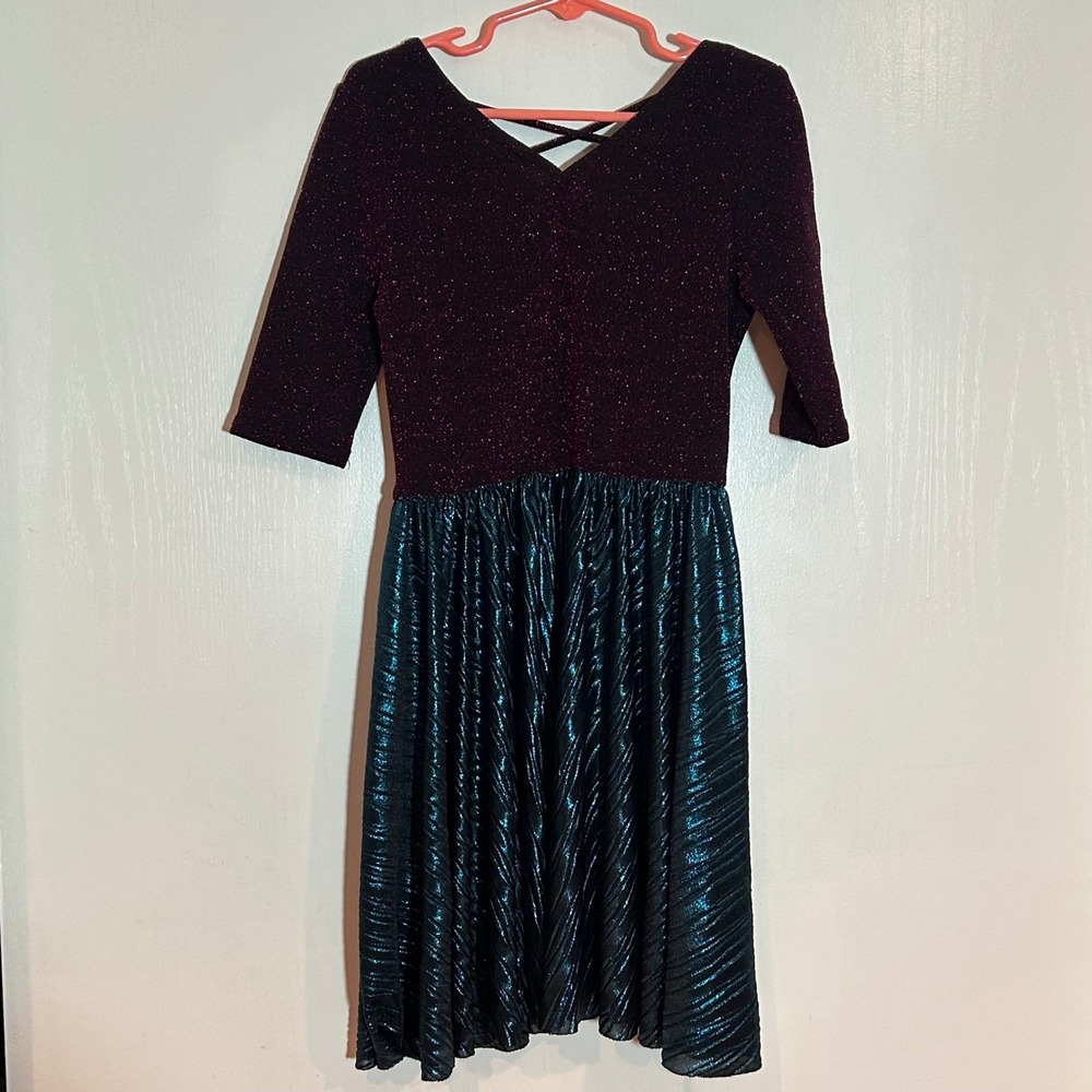 DotDotSmile Fancy Collection Girls Dress Size 7 Burgundy Teal Glitter Metallic